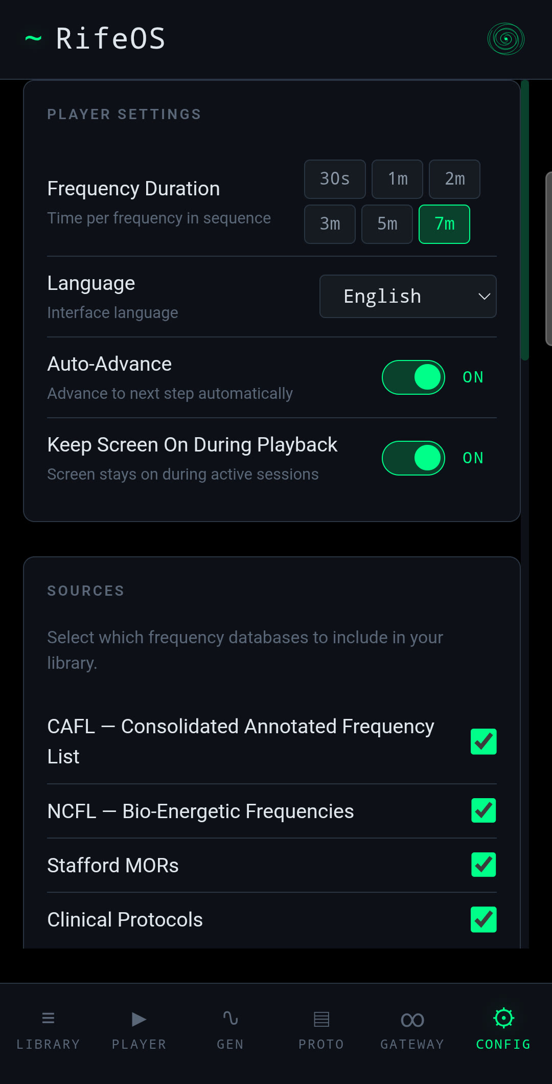 RifeOS Config, the four frequency databases and the language setting