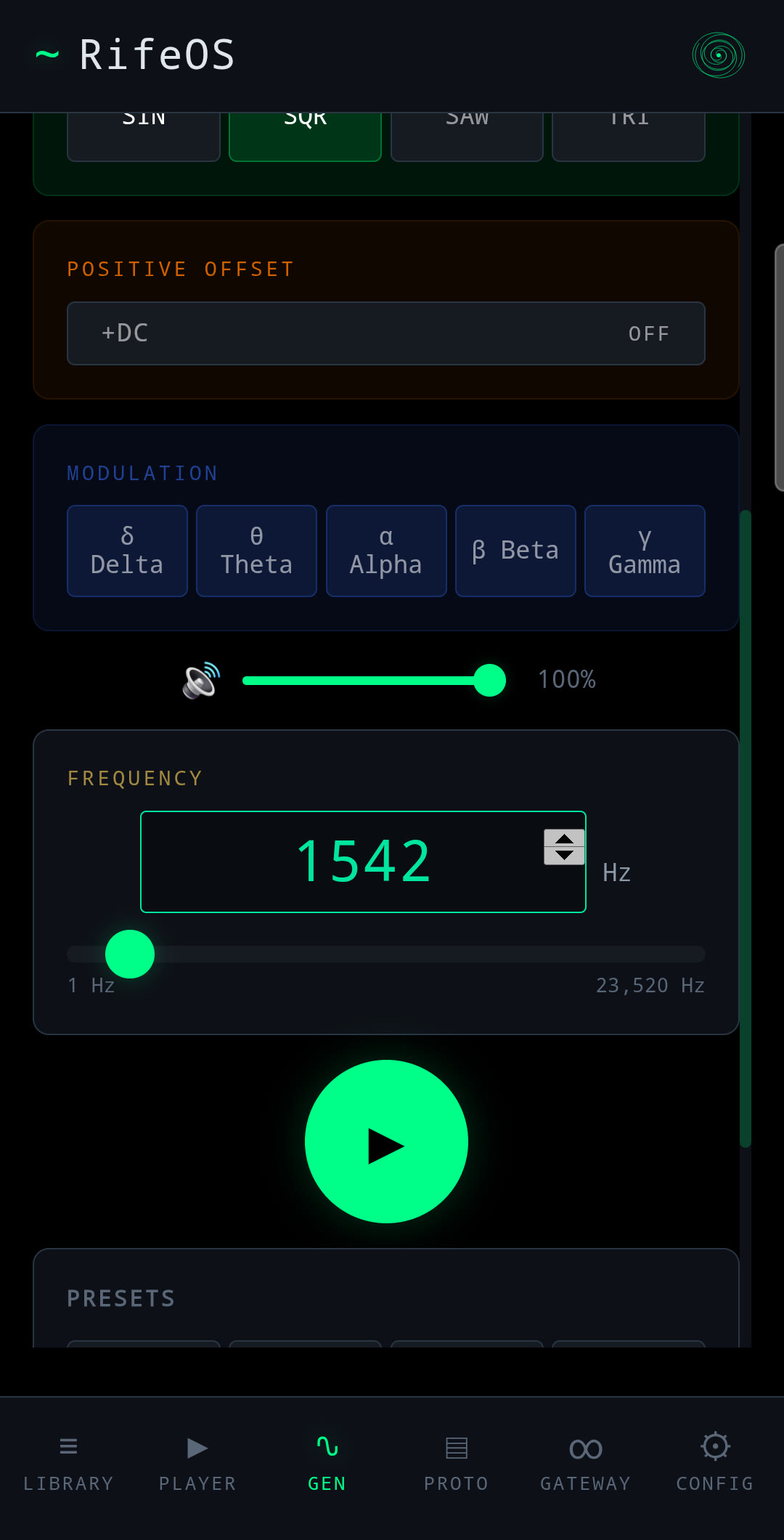 RifeOS Gen, tone generator with live oscilloscope and waveforms