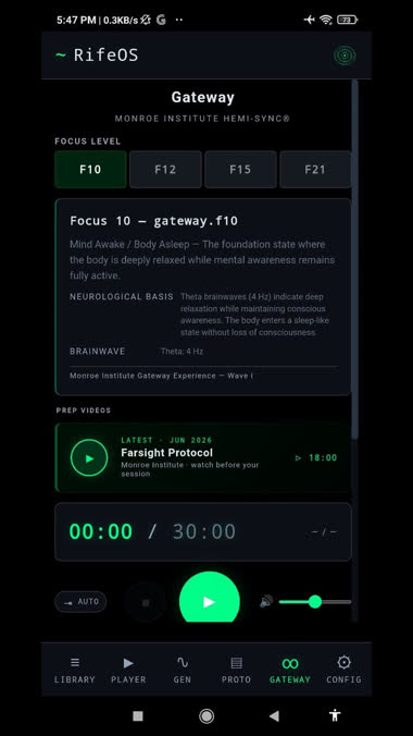 RifeOS Gateway, Focus 10 binaural session with a live 30-minute timer