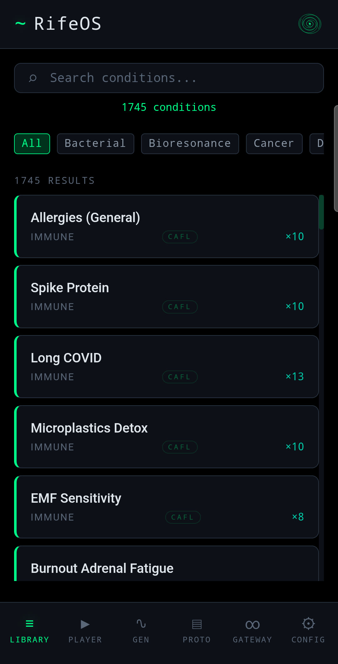 RifeOS Library, 1,745-condition reference database with category chips