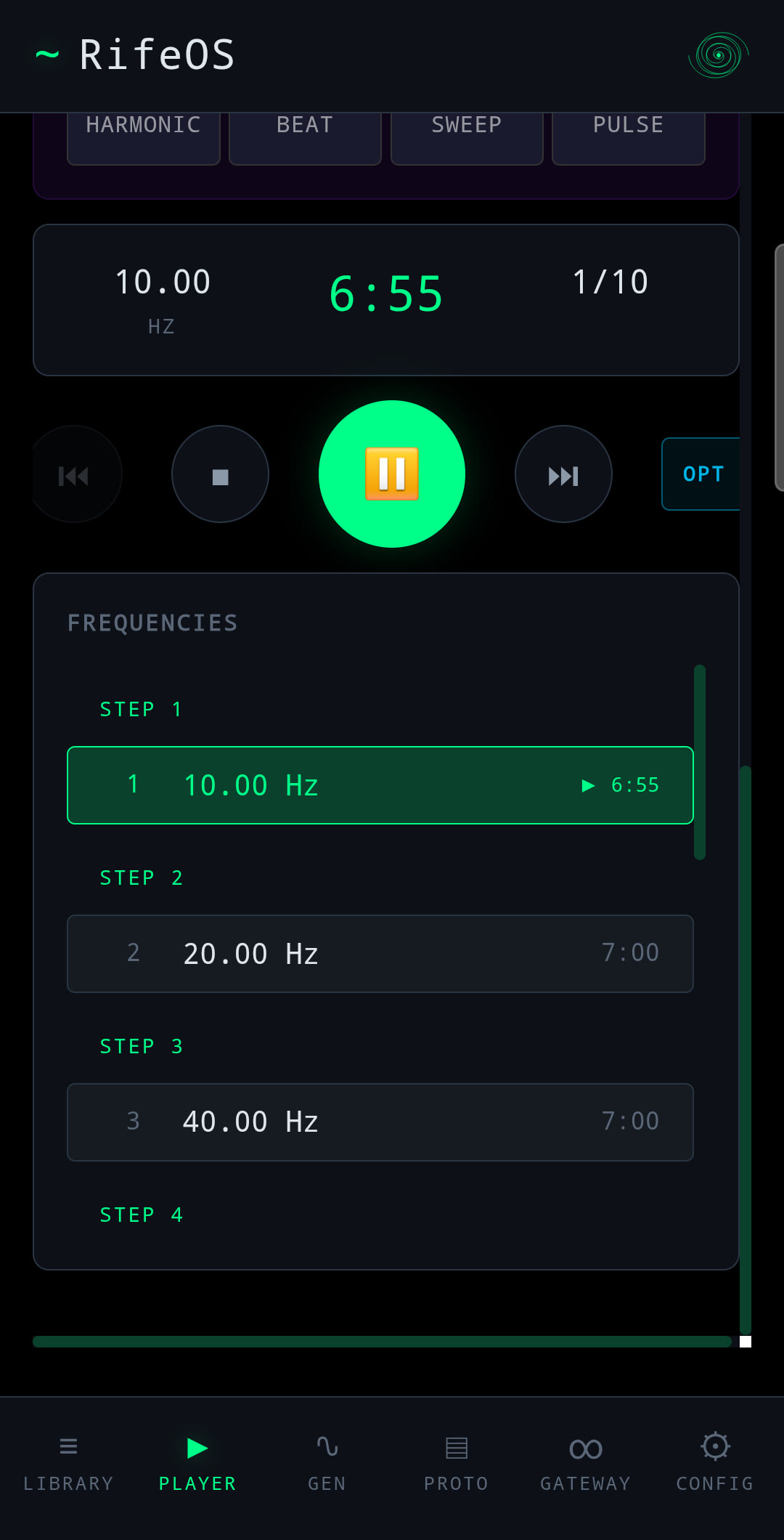 RifeOS Player, a ten-step sequence playing with the current frequency highlighted